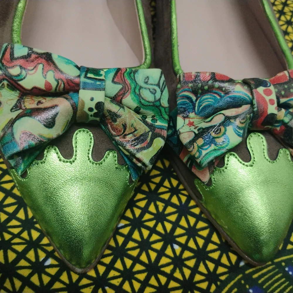 NEW Green Handmade Flats Afro Bow Women’s Shoes Size 6 - 9.5
